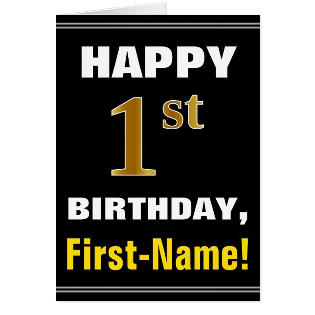 Bold, Black, Faux Gold 1st Birthday w/ Name Card (Front)