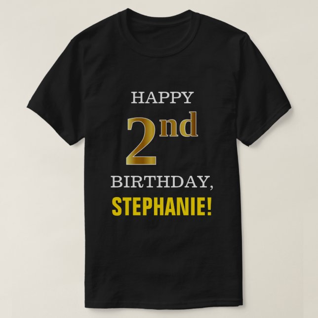 Bold, Black, Faux Gold 2nd Birthday w/ Name Shirt (Design Front)