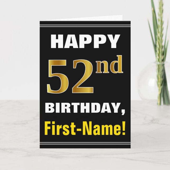 Bold, Black, Faux Gold 52nd Birthday w/ Name Card (Front)