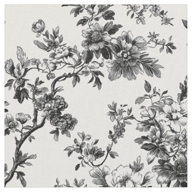 Bold Black Floral Branch Pattern Fabric (Close Up)