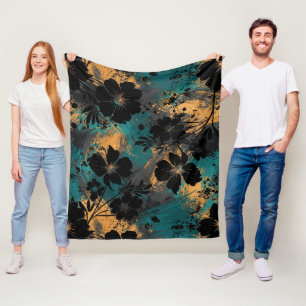 Bold Black Floral Silhouette with Teal & Mustard Fleece Blanket