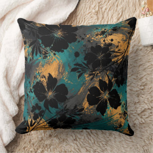 Bold Black Floral Silhouette with Teal & Mustard Throw Pillow