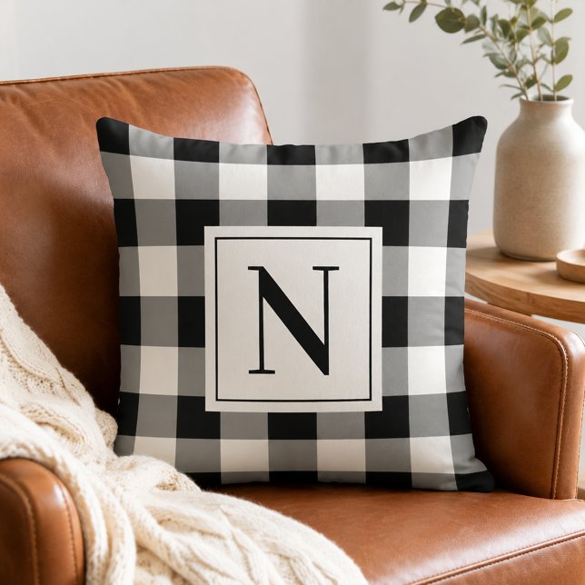 Bold Black Gingham Check Monogram Initial Throw Pillow (Creator Uploaded)