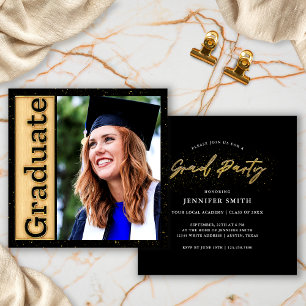 Bold Black Gold Photo Graduation Graduate Party Invitation