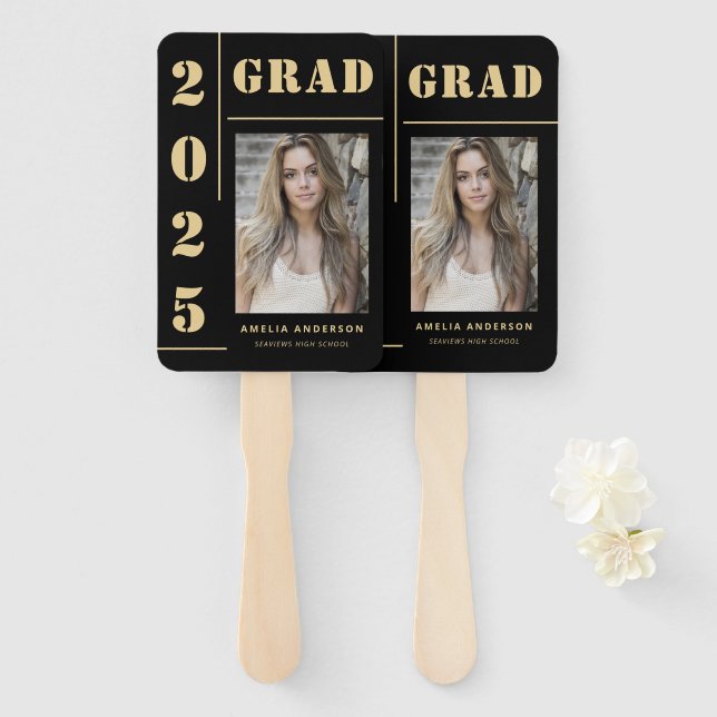 Bold Black Gold Typography Photo Graduation Party Hand Fan (Front and Back)
