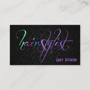 Bold Black Green And Purple Hair Stylist Text 3 Business Card