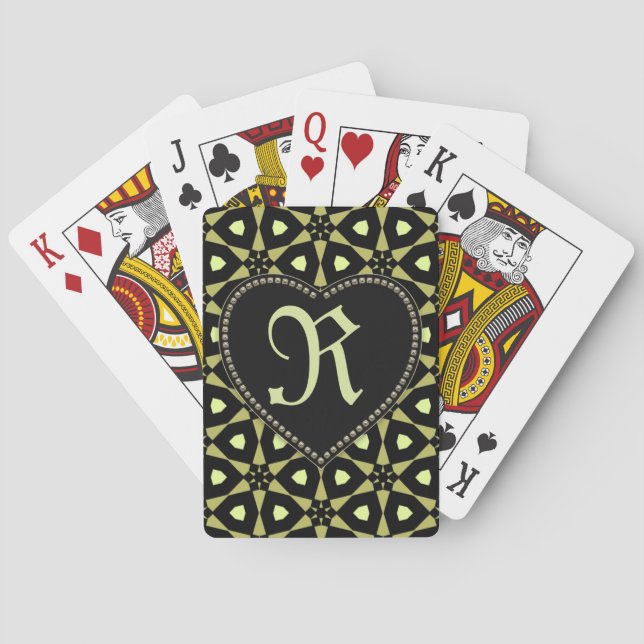 Bold Black & Green Pattern Monogram Heart Playing Cards (Back)