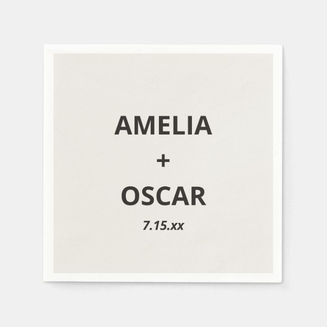 Bold Black Ivory Modern Wedding Names Date Custom Napkin (Front)