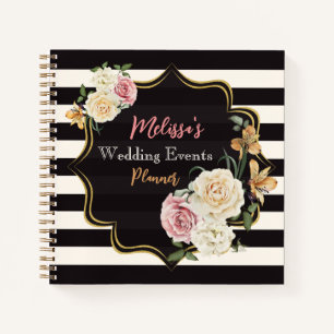 Bold Black, Ivory Stripes, Floral Wedding Planner Notebook