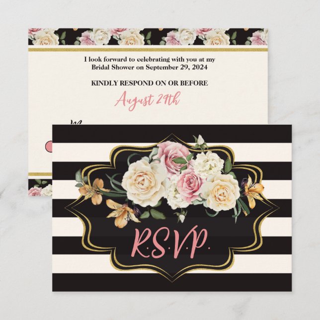 Bold Black, Ivory Stripes, Florals RSVP Card (Front/Back)