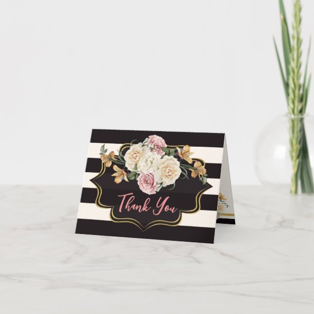 Bold Black, Ivory Stripes, Florals Thank You Card (Front)