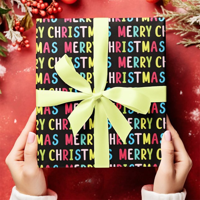 Bold Black Merry Christmas Multicolor Text Design Wrapping Paper (Merry Christmas Black Background Wrapping Paper)