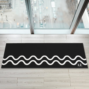 Bold Black Modern Minimal Wavy Lines With Initials Yoga Mat