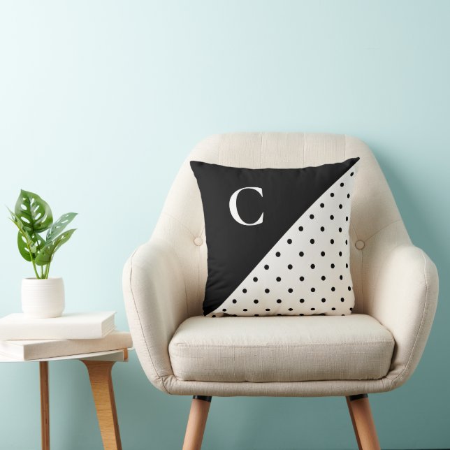 Bold Black on White Polka Dot Pattern Monogram Throw Pillow (Chair)