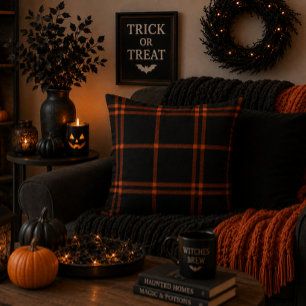 Bold Black Orange Scottish Tartan Modern Autumn  Throw Pillow