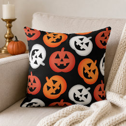 Bold Black Orange White Jack o Lantern Pattern Throw Pillow
