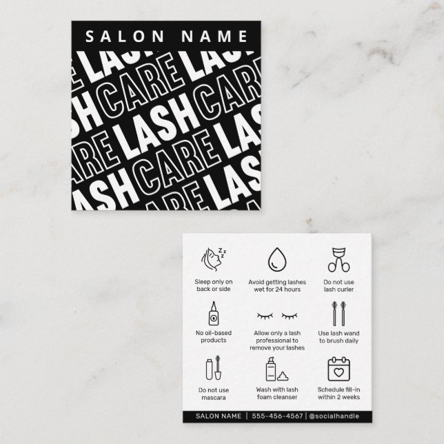Bold Black Pattern Lash Care Guide Square Business Card (Front/Back)