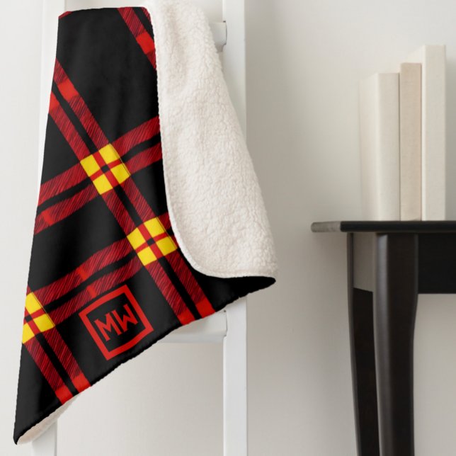 Bold, black, red, yellow plaid monogram sherpa blanket (Creator Uploaded)