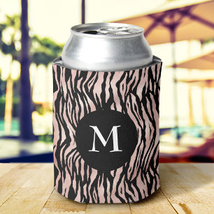 Bold Black Rose Gold Animal Print Pattern Monogram Can Cooler