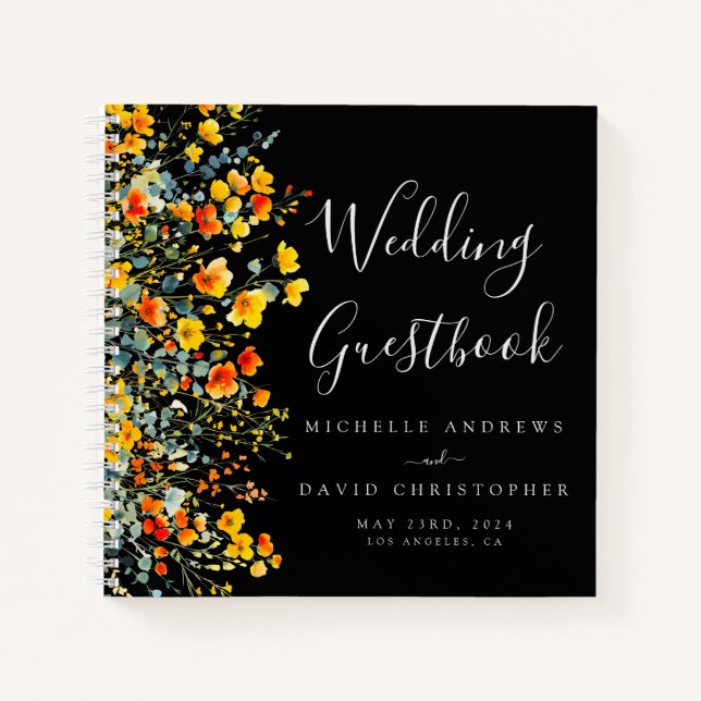 Bold Black Summer Floral Wedding Guest Book (Front)