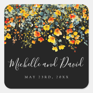 Bold Black Summer Watercolor Floral Wedding Square Sticker
