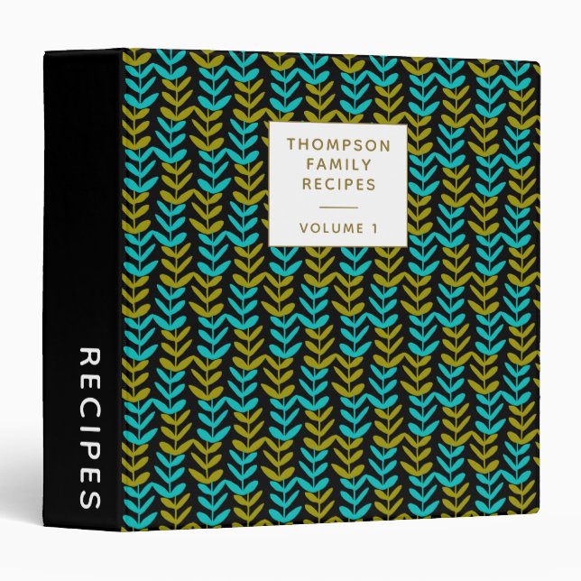 Bold Black Teal Geometric Leaf Personalized Recipe Binder (Front/Spine)