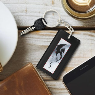 Bold Black Tribal Dragon Red Blue Flowers Keychain