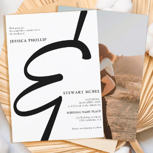 Bold black white calligraphy photo wedding invitation
