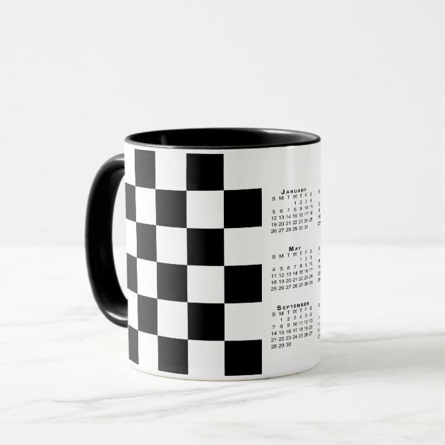 Bold Black White Chequered Pattern 2025 Calendar Mug (Front Left)