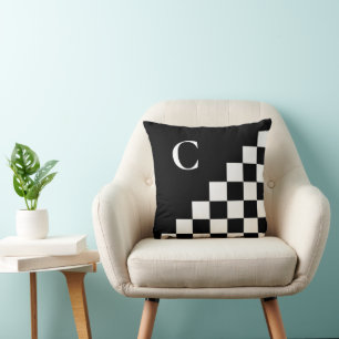 Bold Black White Chequered Pattern with Monogram Throw Pillow