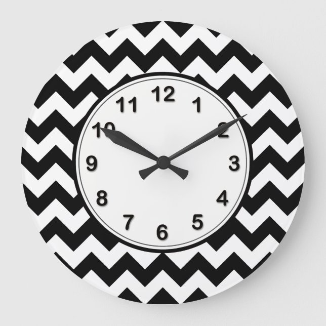 Bold Black & White Chevron Zig Zag Pattern Large Clock (Front)