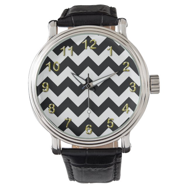 Bold Black & White Chevron Zig Zag Pattern Watch (Front)