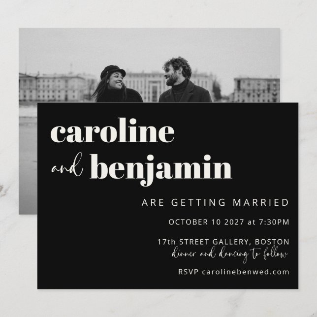 Bold Black White Elegant Modern Photo Wedding Invitation (Front/Back)