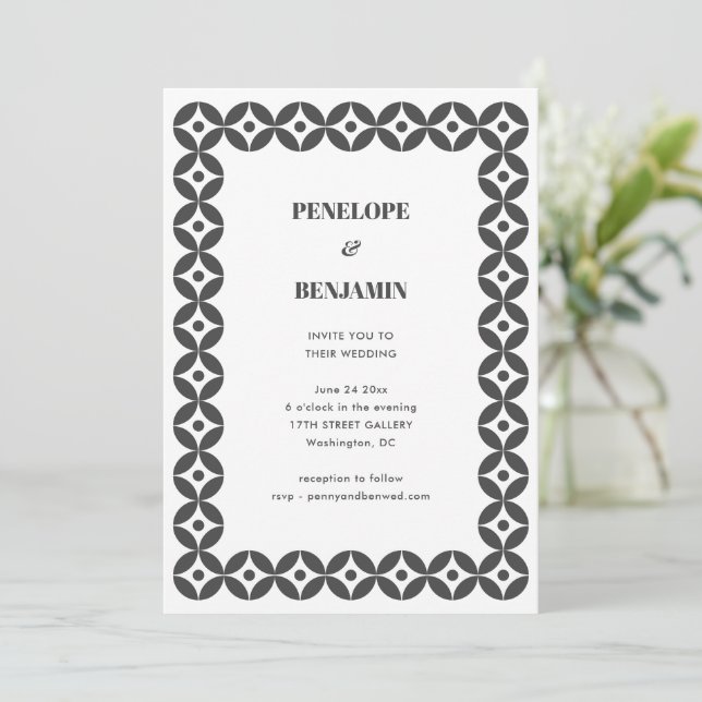 Bold Black White Geometric Retro Modern Wedding Invitation (Standing Front)