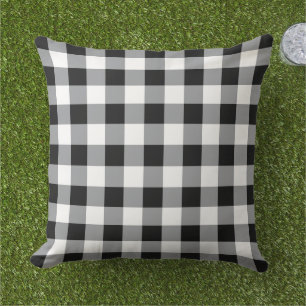 Bold Black White Gingham Plaid Check Outdoor Pillow