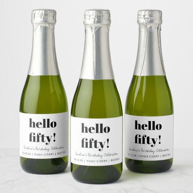 Bold Black White Modern 50th Birthday Custom Mini Sparkling Wine Label (Bottles)