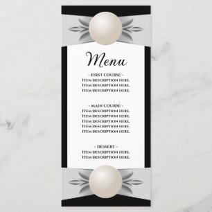 Bold Black & White Pearl Ribbon Wedding Flat Menu
