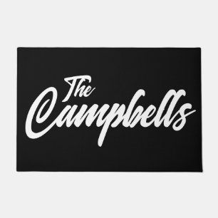 Bold Black White Script Last Name Doormat