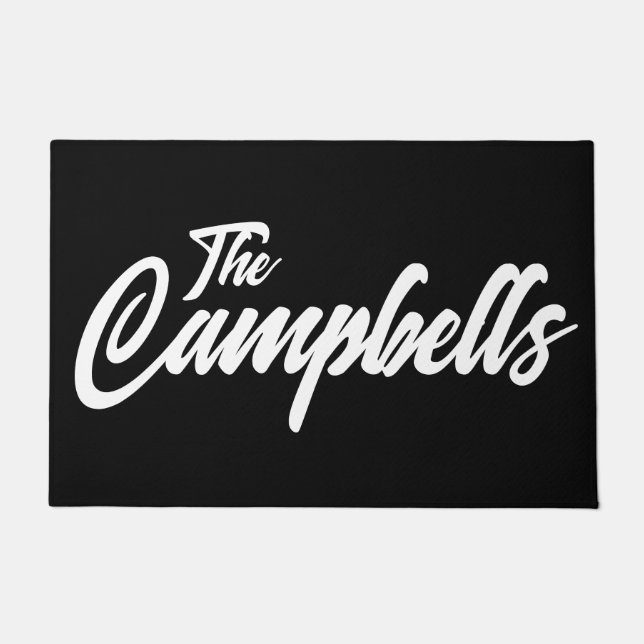 Bold Black White Script Last Name Doormat (Front)