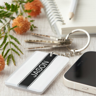 Bold Black & White Stripe Editable Text Keychain