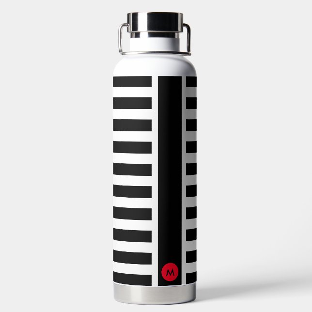 Bold Black White Stripes with Tiny Red Monogram Water Bottle (Back)