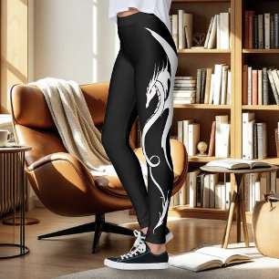Bold Black White Tribal Dragon Illustration Design Leggings