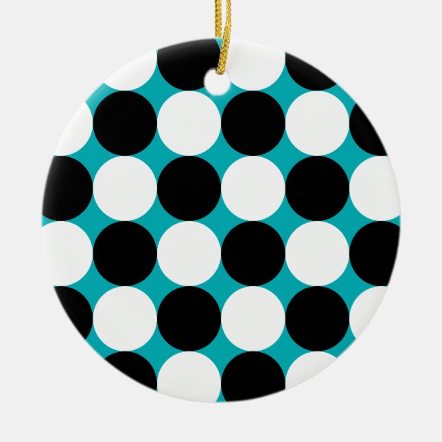 Bold Black White Turquoise Pop Art Polka Dots Ceramic Ornament (Front)