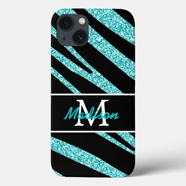 BOLD BLACK ZEBRA STRIPES NAME TEAL GLITTER Case-Mate iPhone CASE (Back)