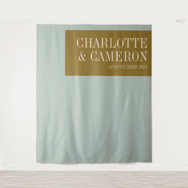 Bold Blue and Olive Custom Wedding Photo Backdrop Tapestry (Front)