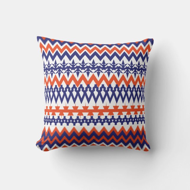 Bold Blue and Orange Tribal Chevron Pattern Throw Pillow (Front)
