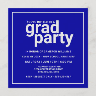 Bold Blue and Silver Grey Modern Basic Grad Party Invitation