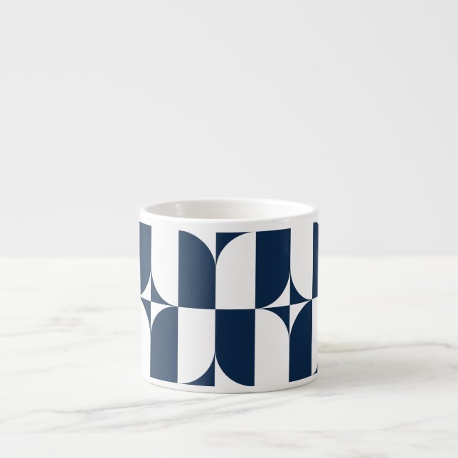 Bold Blue and White Mid-Century Modern Geometric E Espresso Cup (Front)
