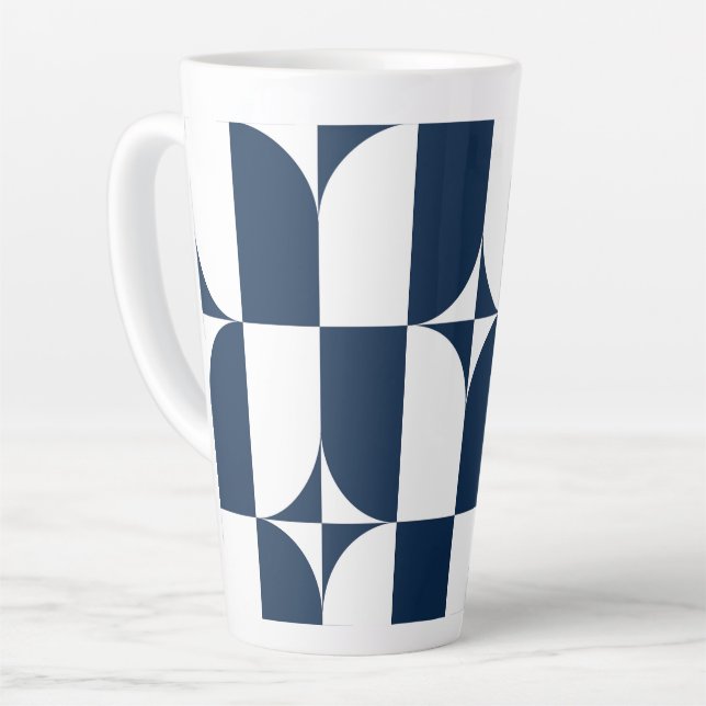 Bold Blue and White Mid-Century Modern Geometric L Latte Mug (Left Angle)
