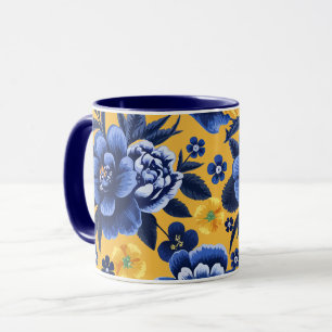 Bold Blue and Yellow Floral on a Yellow background Mug